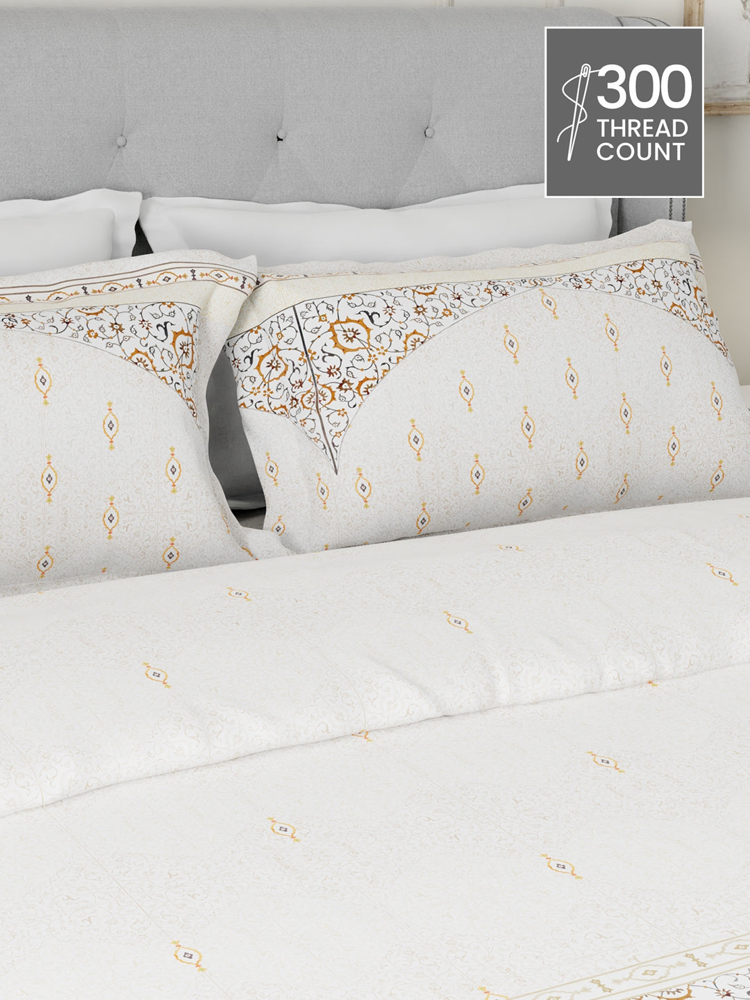Gardenia Augusta 100% Cotton 300 TC White & Beige Digital Ethnic Print King Bedsheet with 2 Pillow Covers