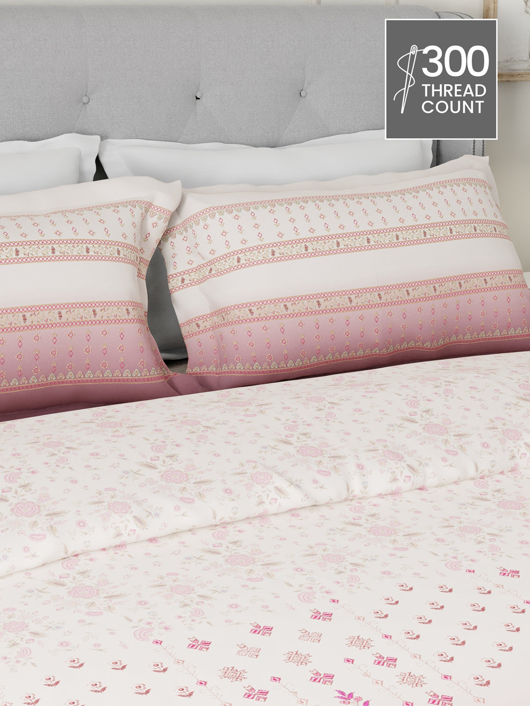 Gardenia Augusta 100% Cotton 300 TC Pink & White Digital Ethnic Print King Bedsheet with 2 Pillow Covers