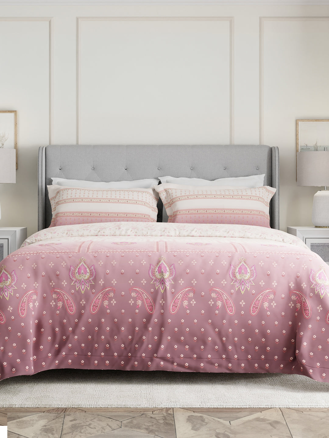 100% Cotton 300 TC Pink & White Digital Ethnic Print King Bedsheet with 2 Pillow Covers - Gardenia Augusta