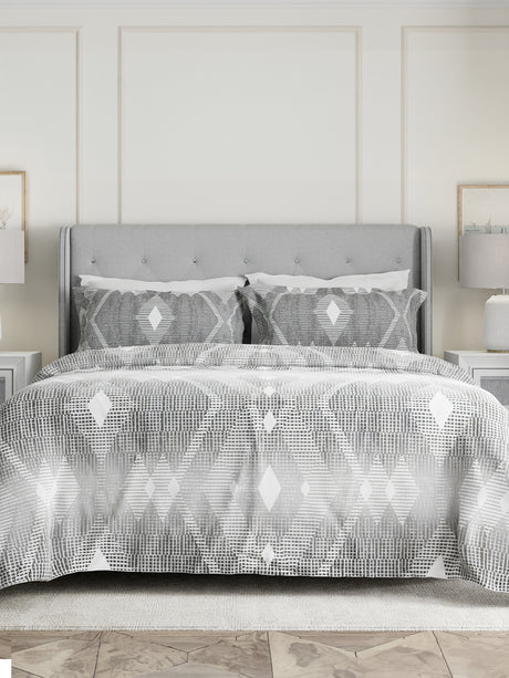 100% Cotton 300 TC Grey Digital Geometrical Print King Bedsheet with 2 Pillow Covers - Gardenia Augusta