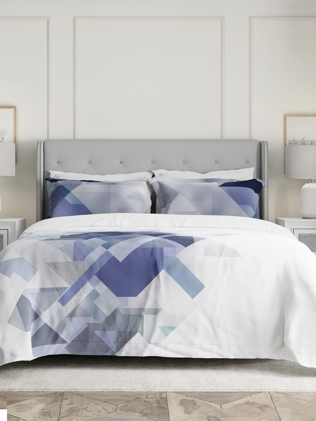 100% Cotton 300 TC Blue & Grey Digital Geometrical Print King Bedsheet with 2 Pillow Covers - Gardenia Augusta