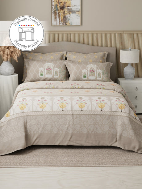 Royal Essence 100% Cotton 400 TC Grey Digital Floral Print King Bedsheet with 4 Pillow Covers