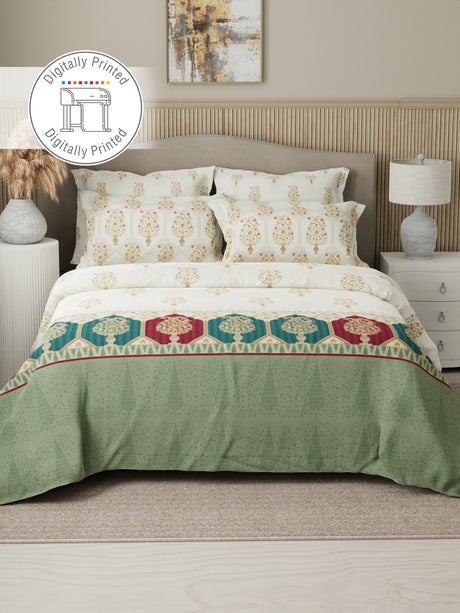 Royal Essence 100% Cotton 400 TC White Digital Ethnic Print King Bedsheet with 4 Pillow Covers