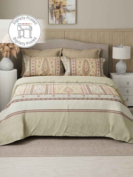 Royal Essence 100% Cotton 400 TC Beige Digital Ethnic Print King Bedsheet with 4 Pillow Covers
