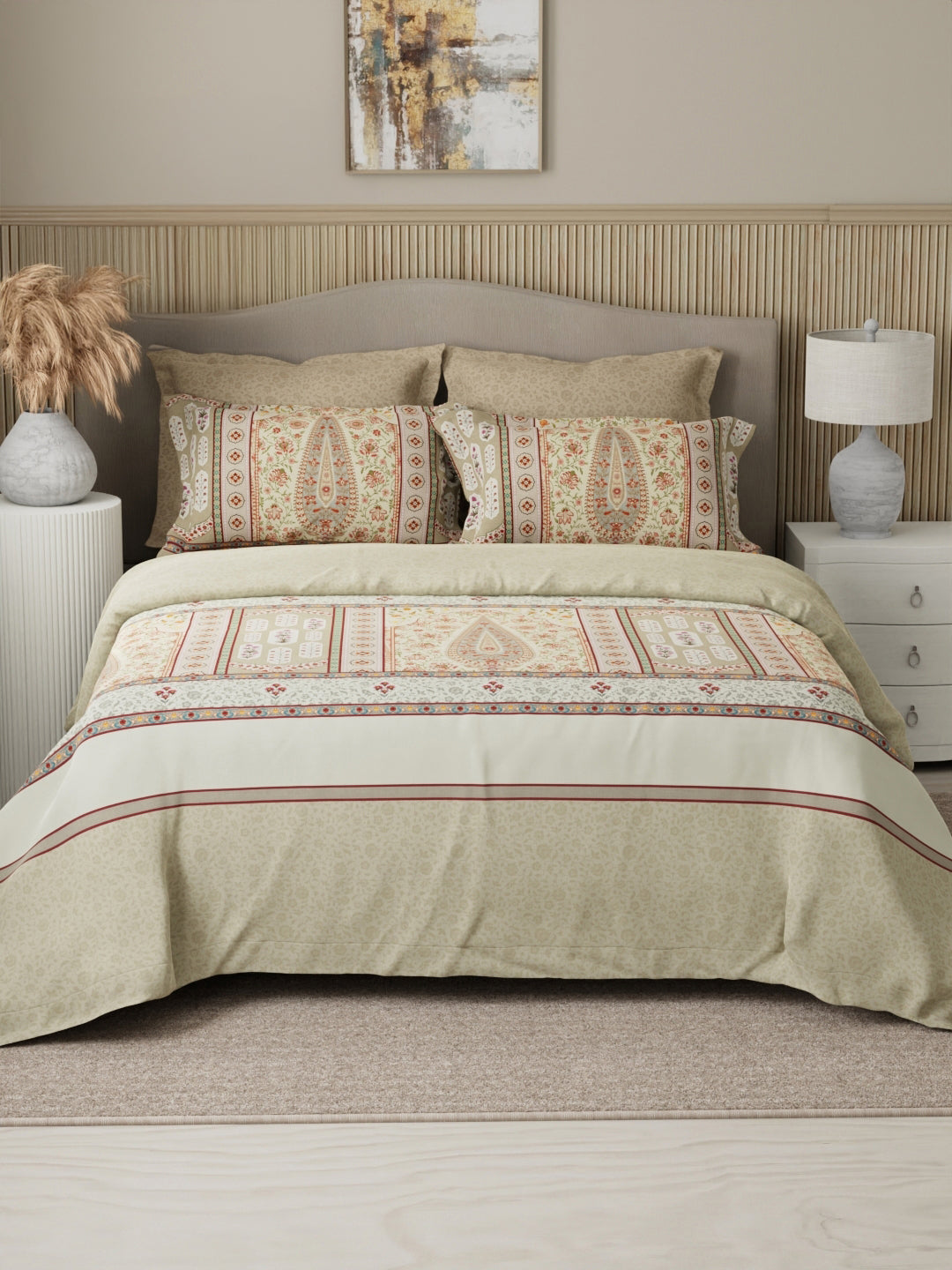 Royal Essence 100% Cotton 400 TC Beige Digital Ethnic Print King Bedsheet with 4 Pillow Covers