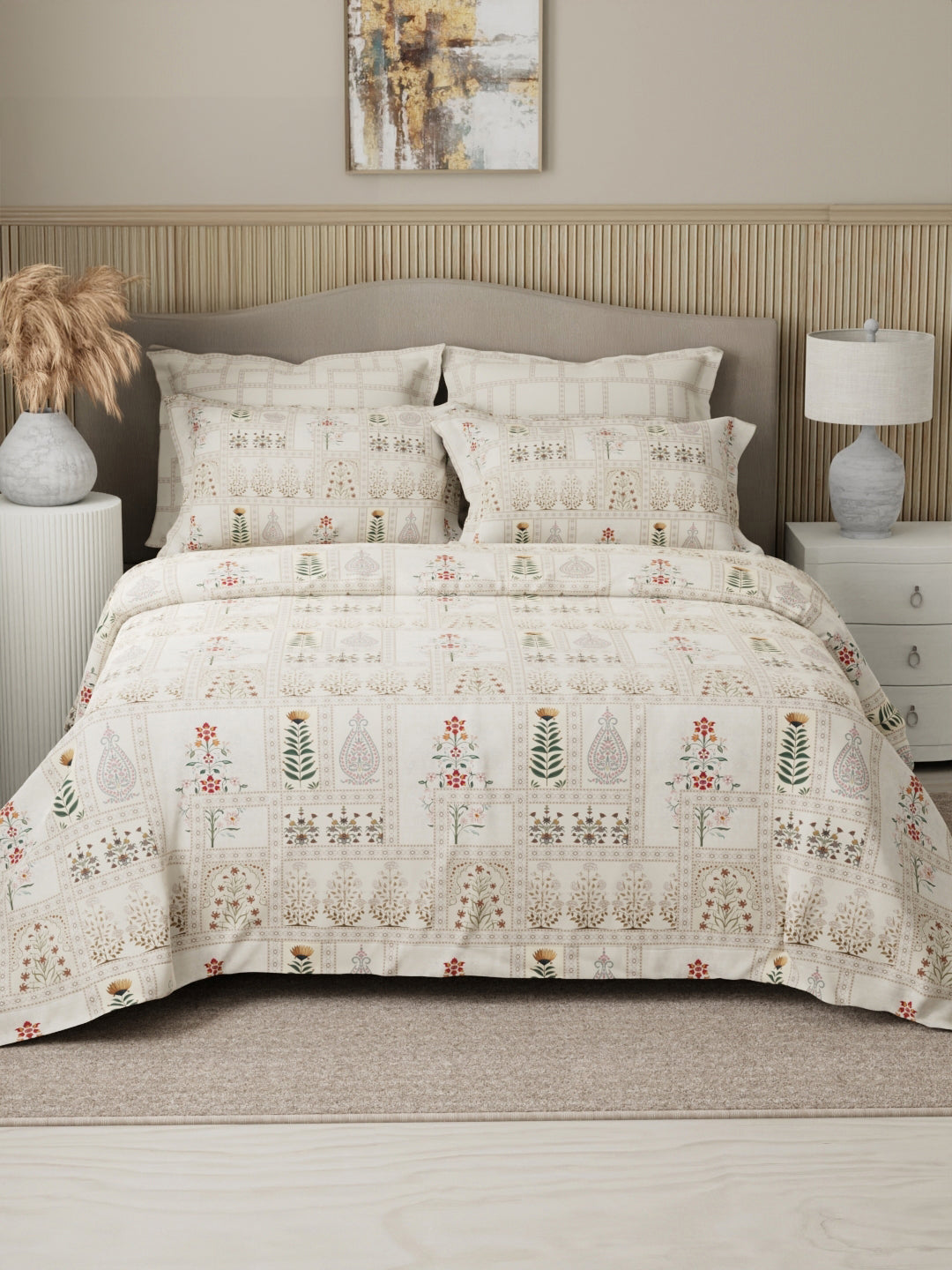 Royal Essence 100% Cotton 400 TC White Digital Ethnic Print King Bedsheet with 4 Pillow Covers