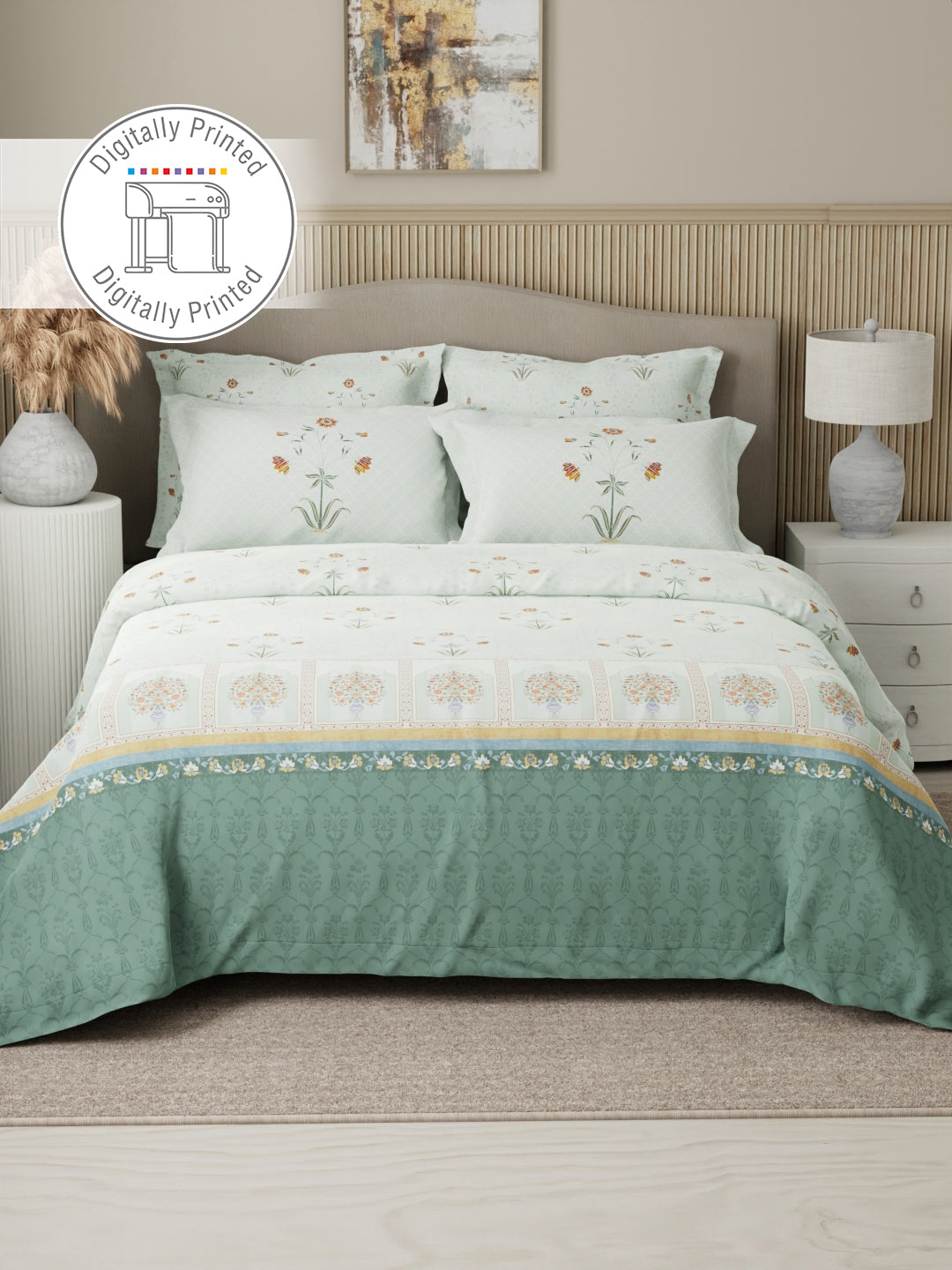 Royal Essence 100% Cotton 400 TC White Digital Floral Print King Bedsheet with 4 Pillow Covers