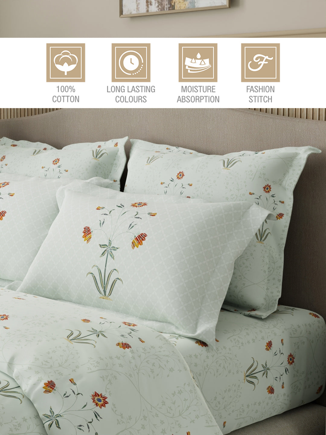 Royal Essence 100% Cotton 400 TC White Digital Floral Print King Bedsheet with 4 Pillow Covers