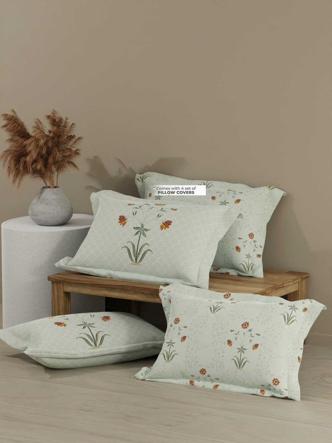 Royal Essence 100% Cotton 400 TC White Digital Floral Print King Bedsheet with 4 Pillow Covers