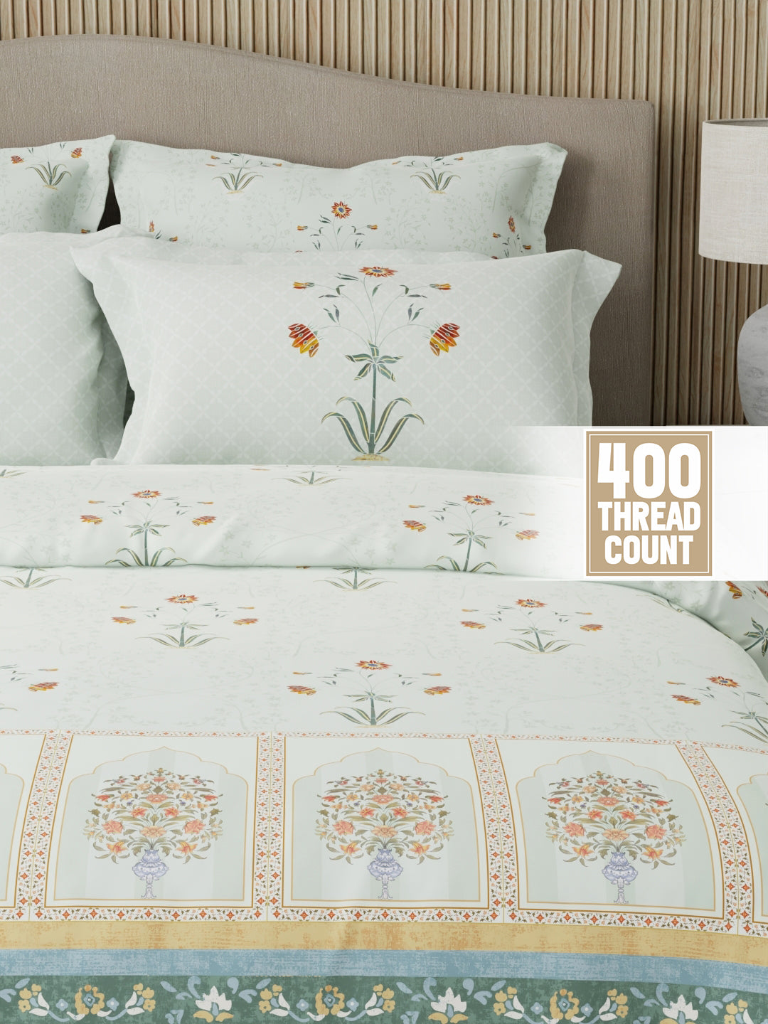 Royal Essence 100% Cotton 400 TC White Digital Floral Print King Bedsheet with 4 Pillow Covers