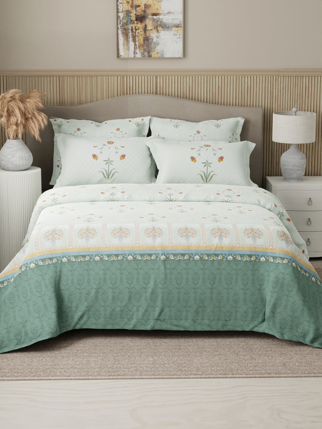 Royal Essence 100% Cotton 400 TC White Digital Floral Print King Bedsheet with 4 Pillow Covers