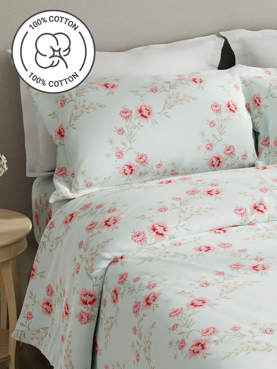 Embrace 100% Cotton 152 TC Blue & Pink Floral King Bedsheet with 2 Pillow Covers