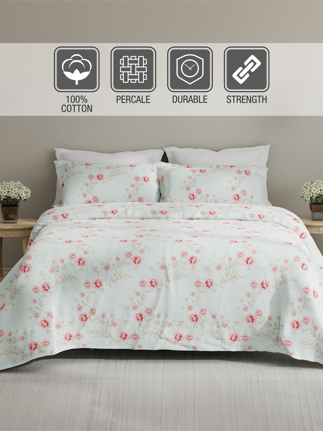 Embrace 100% Cotton 152 TC Blue & Pink Floral King Bedsheet with 2 Pillow Covers