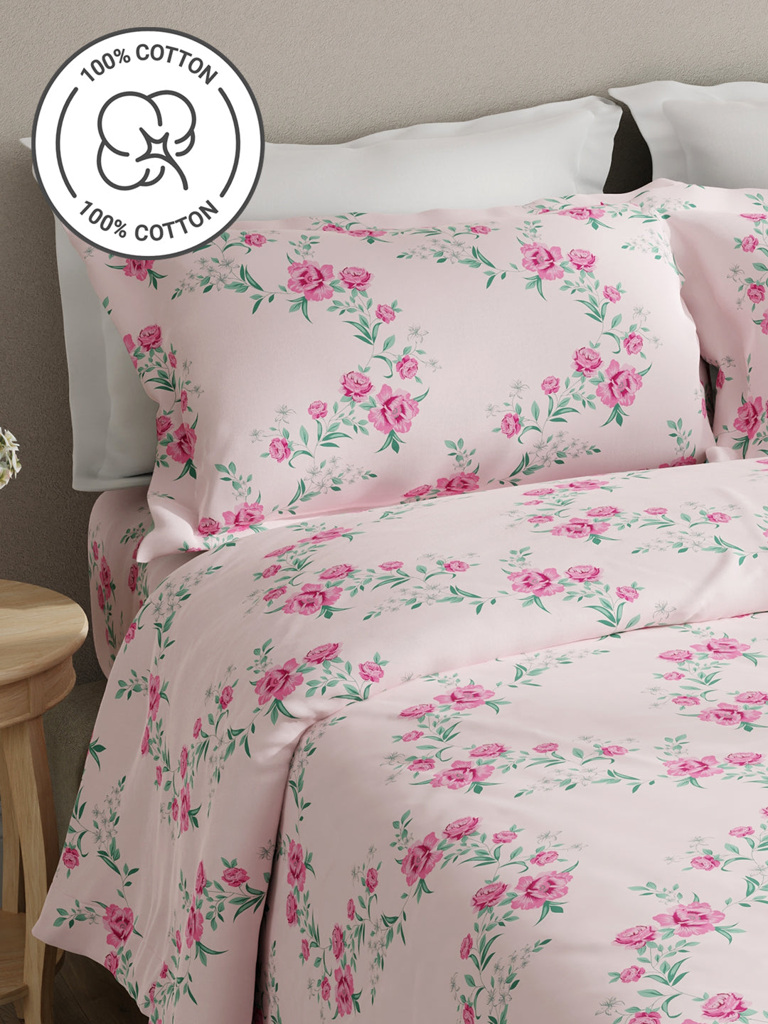 Embrace 100% Cotton 152 TC Pink Floral King Bedsheet with 2 Pillow Covers