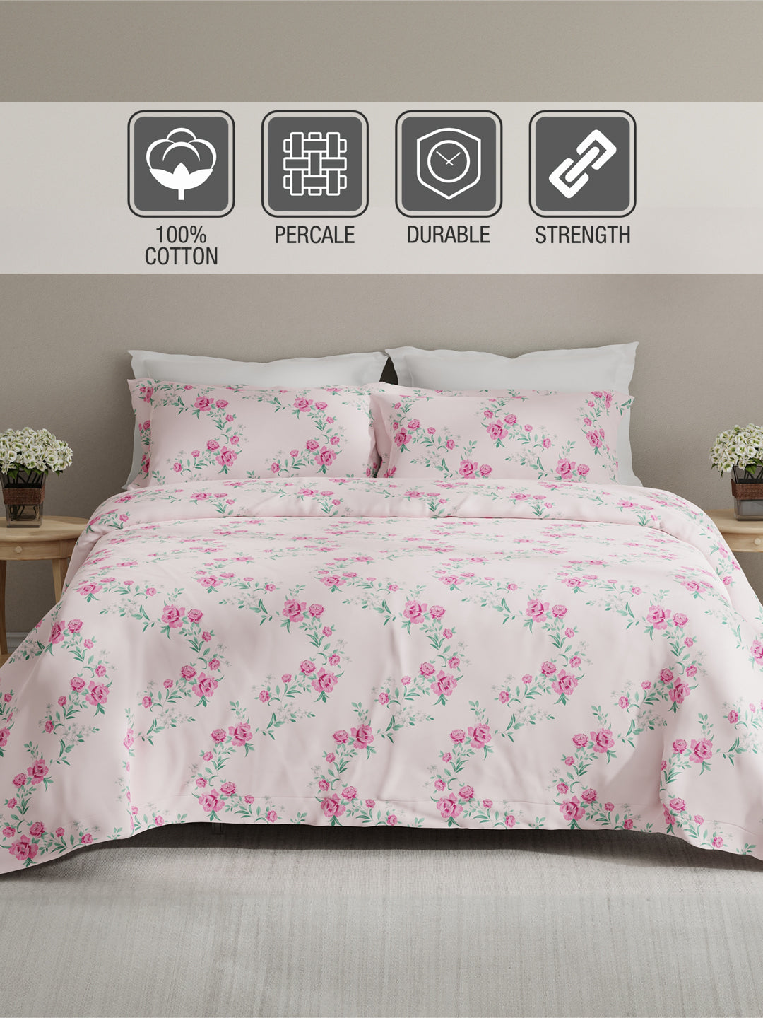 Embrace 100% Cotton 152 TC Pink Floral King Bedsheet with 2 Pillow Covers