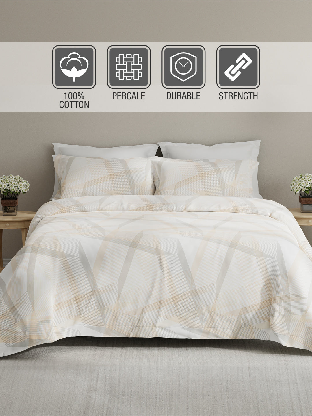 Embrace 100% Cotton 152 TC Beige Stripes King Bedsheet with 2 Pillow Covers
