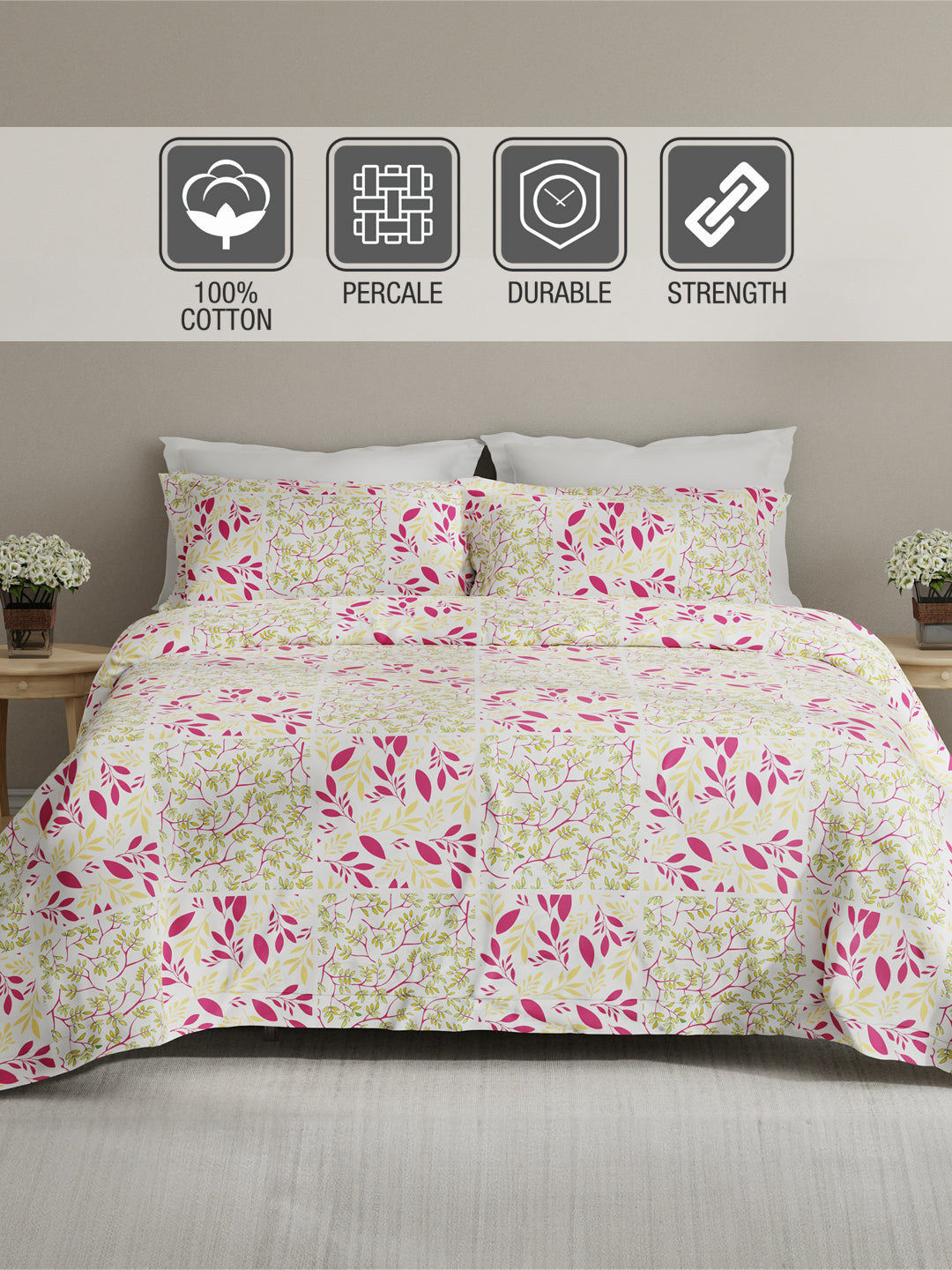 Embrace 100% Cotton 152 TC Pink & Yellow Floral King Bedsheet with 2 Pillow Covers