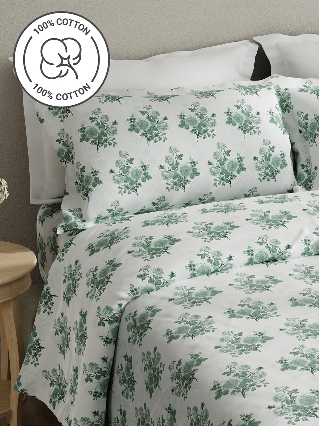 Embrace 100% Cotton 152 TC Green Floral King Bedsheet with 2 Pillow Covers