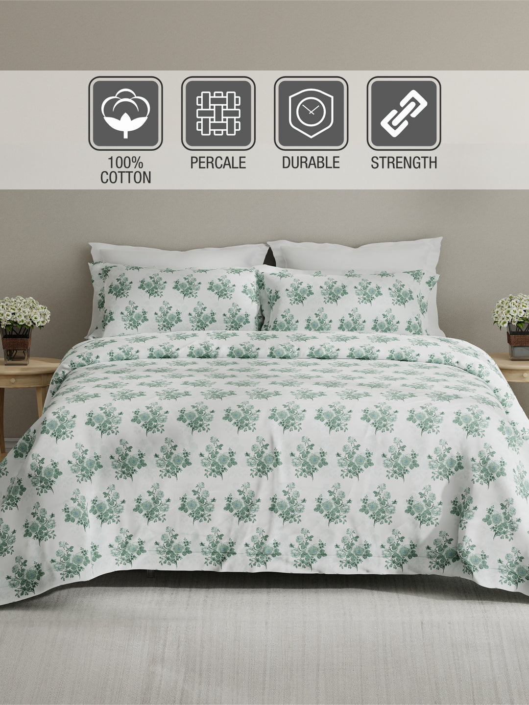 Embrace 100% Cotton 152 TC Green Floral King Bedsheet with 2 Pillow Covers