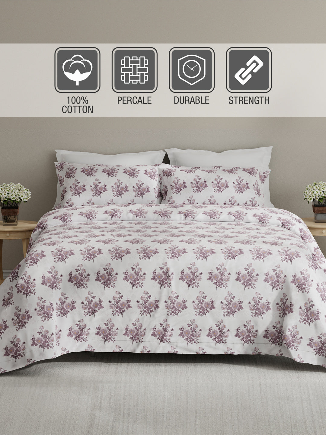 Embrace 100% Cotton 152 TC Grey Floral King Bedsheet with 2 Pillow Covers