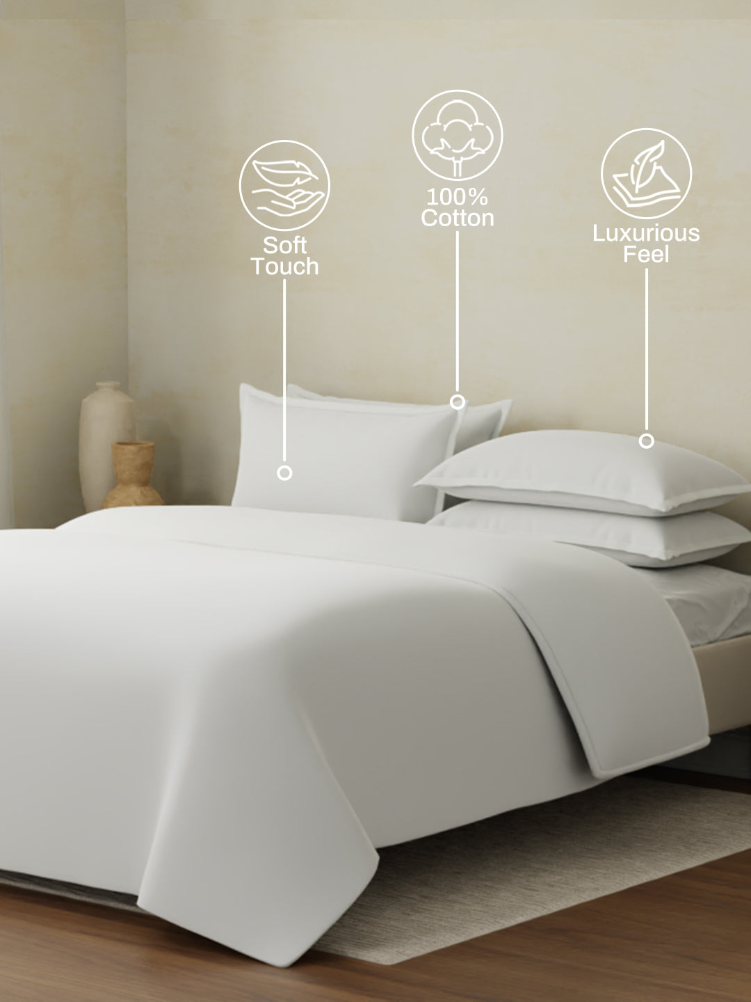 100% Cotton 400 TC King Size Bedding Set, 1 Bedsheet with 1 Duvet Cover & 4 Pillow Covers, Cotton Charm Collection (White)