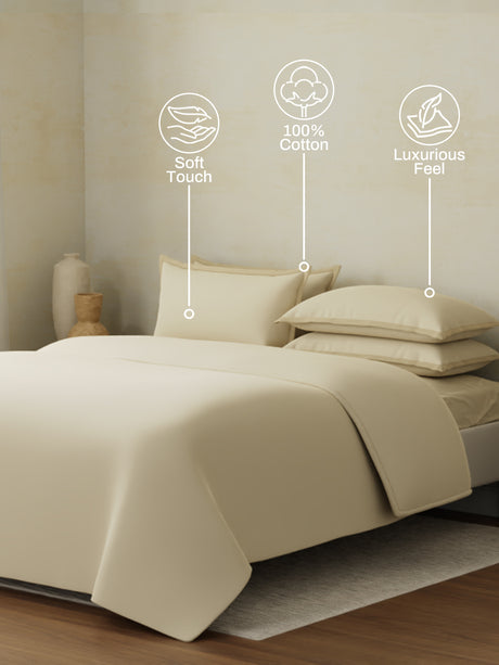 100% Cotton, 400 TC | King Size Bedding Set| 1 Bedsheet with 1 Duvet Cover & 4 Pillow Covers | Cotton Charm Collection - Cream