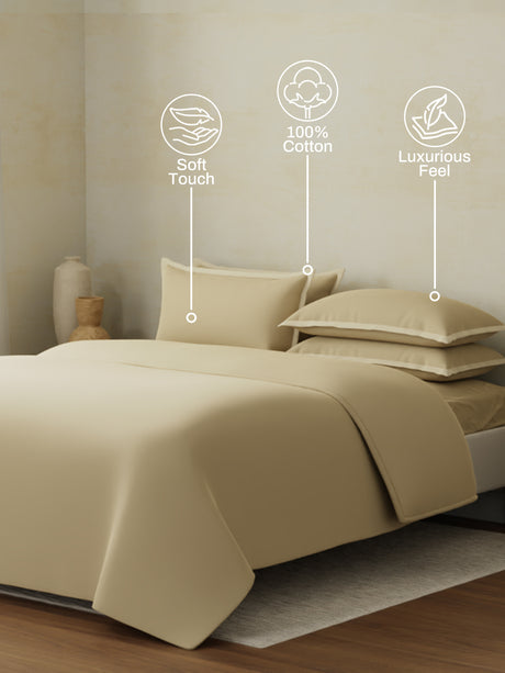 100% Cotton, 400 TC | King Size Bedding Set| 1 Bedsheet with 1 Duvet Cover & 4 Pillow Covers | Cotton Charm Collection - Beige