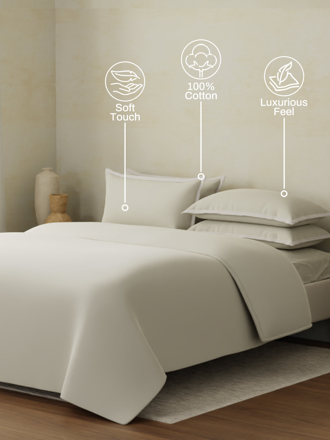 100% Cotton 400 TC King Size Bedding Set, 1 Bedsheet with 1 Duvet Cover & 4 Pillow Covers, Cotton Charm Collection (Cream)