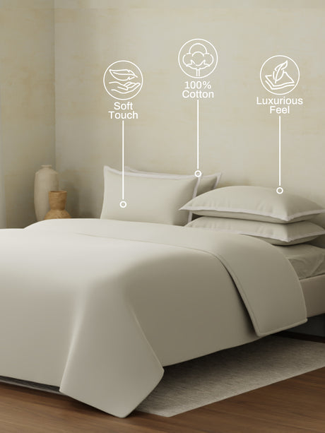 100% Cotton, 400 TC | King Size | 1 Bedsheet with 1 Duvet Cover & 4 Pillow Covers | Cotton Charm Collection Bedding Set - Cream