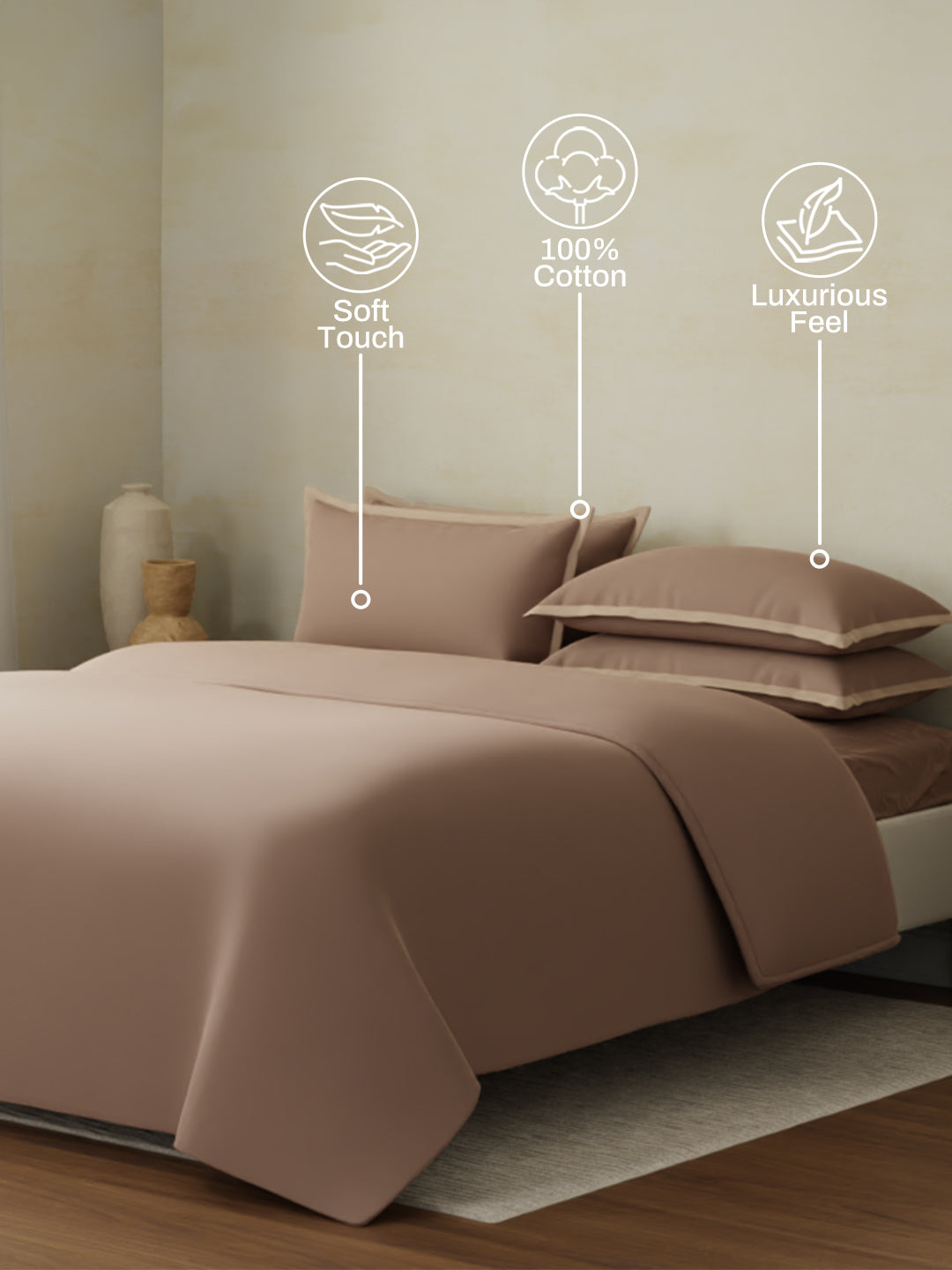 100% Cotton 400 TC King Size Bedding Set, 1 Bedsheet with 1 Duvet Cover & 4 Pillow Covers, Cotton Charm Collection (Brown)