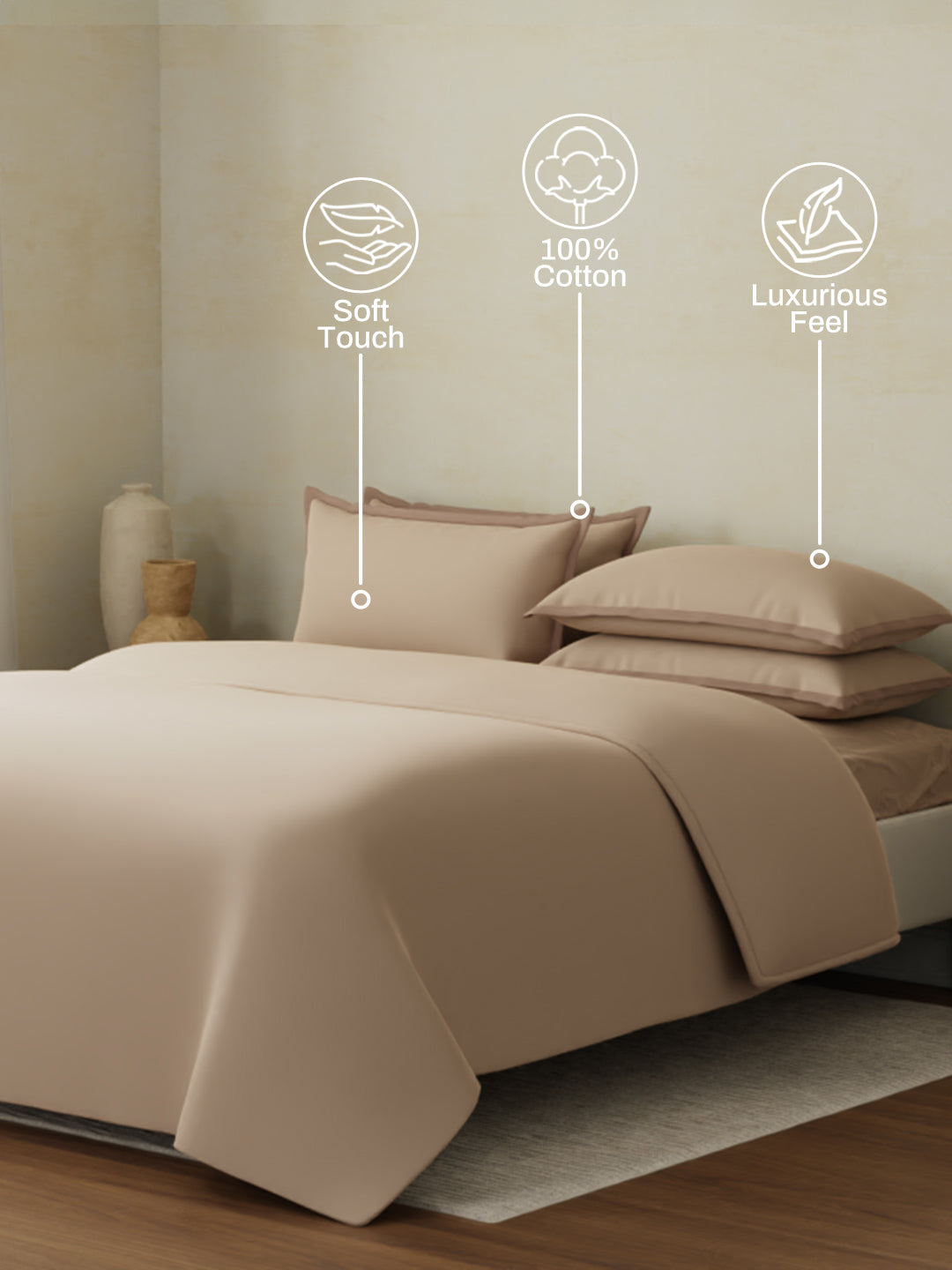 100% Cotton 400 TC King Size Bedding Set, 1 Bedsheet with 1 Duvet Cover & 4 Pillow Covers, Cotton Charm Collection (Beige)