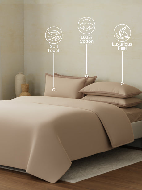 100% Cotton, 400 TC | King Size Bedding Set| 1 Bedsheet with 1 Duvet Cover & 4 Pillow Covers | Cotton Charm Collection - Beige