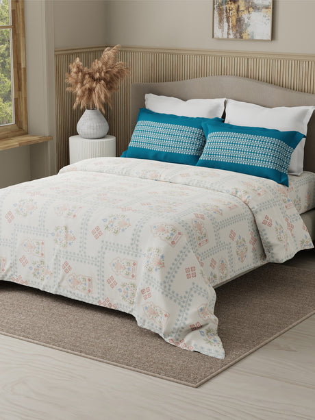 Valatia 100% Cotton 200 TC Karigari Printed Double Bedsheet with 2 Pillow Covers - Blue & White