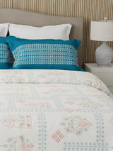 Valatia 100% Cotton 200 TC Karigari Printed Double Bedsheet with 2 Pillow Covers - Blue & White
