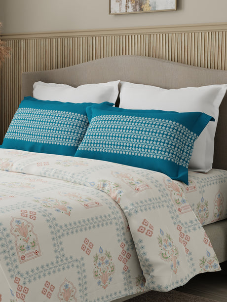 Valatia 100% Cotton 200 TC Karigari Printed Double Bedsheet with 2 Pillow Covers - Blue & White