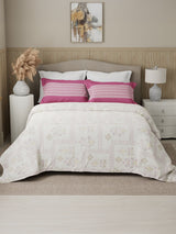 Valatia 100% Cotton 200 TC Karigari Printed Double Bedsheet with 2 Pillow Covers - Dark Pink & White
