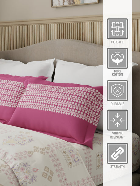 Valatia 100% Cotton 200 TC Karigari Printed Double Bedsheet with 2 Pillow Covers - Pink & White