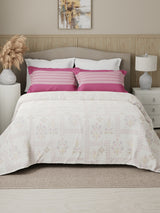 Valatia 100% Cotton 200 TC Karigari Printed Double Bedsheet with 2 Pillow Covers - Pink & White