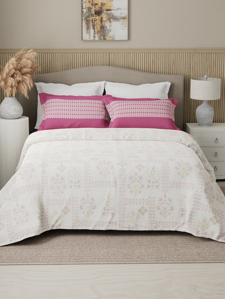 Valatia 100% Cotton 200 TC Karigari Printed Double Bedsheet with 2 Pillow Covers - Pink & White