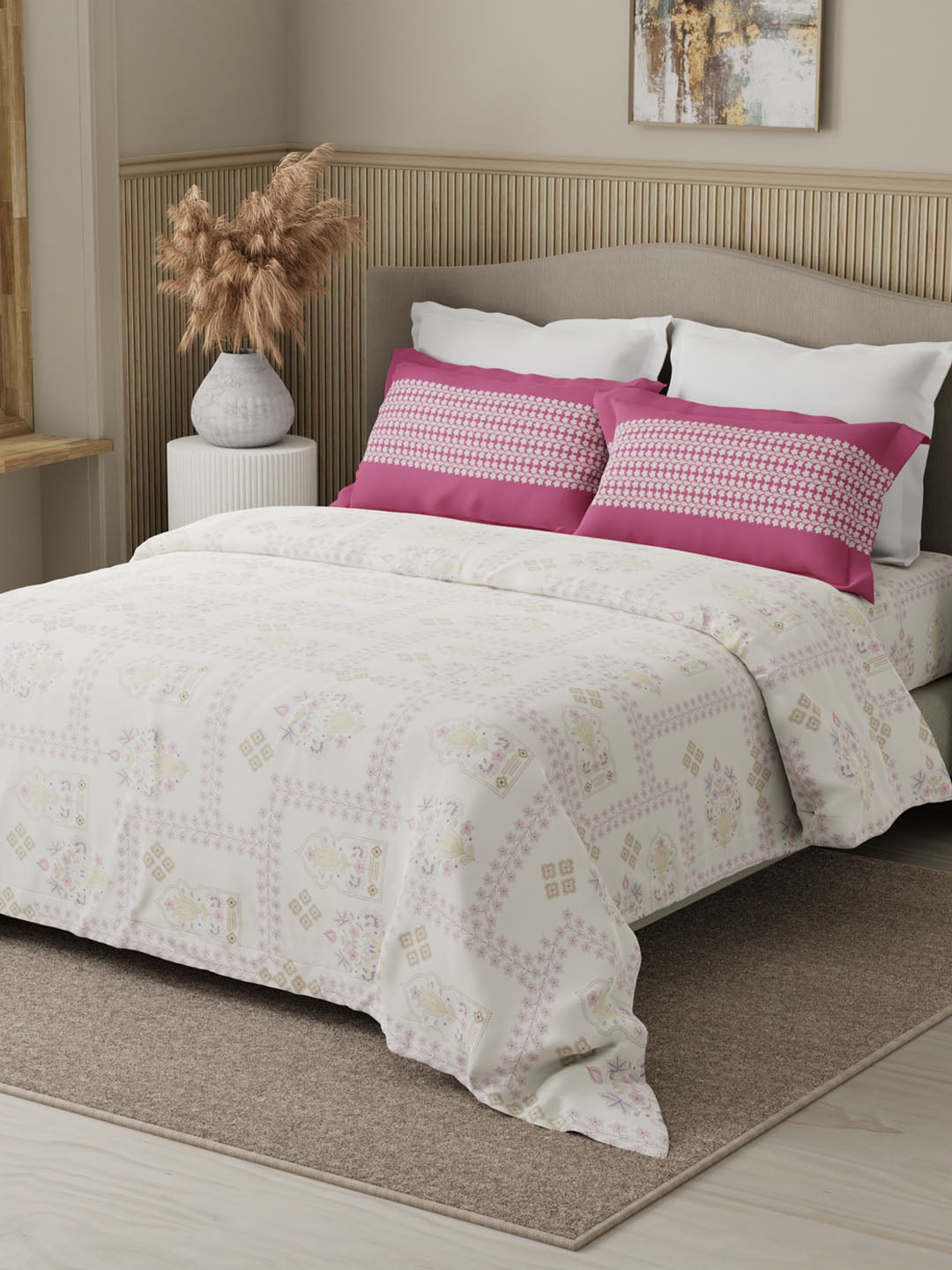Valatia 100% Cotton 200 TC Karigari Printed Double Bedsheet with 2 Pillow Covers - Dark Pink & White