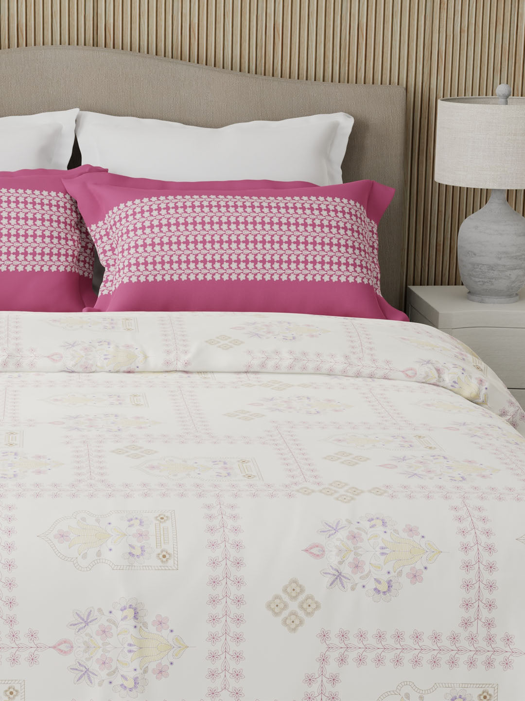 Valatia 100% Cotton 200 TC Karigari Printed Double Bedsheet with 2 Pillow Covers - Dark Pink & White