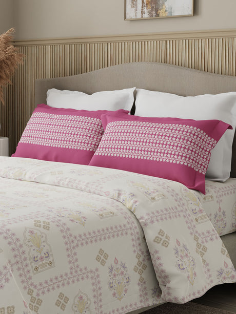 Valatia 100% Cotton 200 TC Karigari Printed Double Bedsheet with 2 Pillow Covers - Dark Pink & White