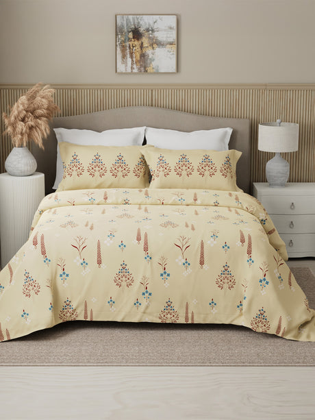 Valatia 100% Cotton 200 TC Karigari Printed Double Bedsheet with 2 Pillow Covers - Yellow