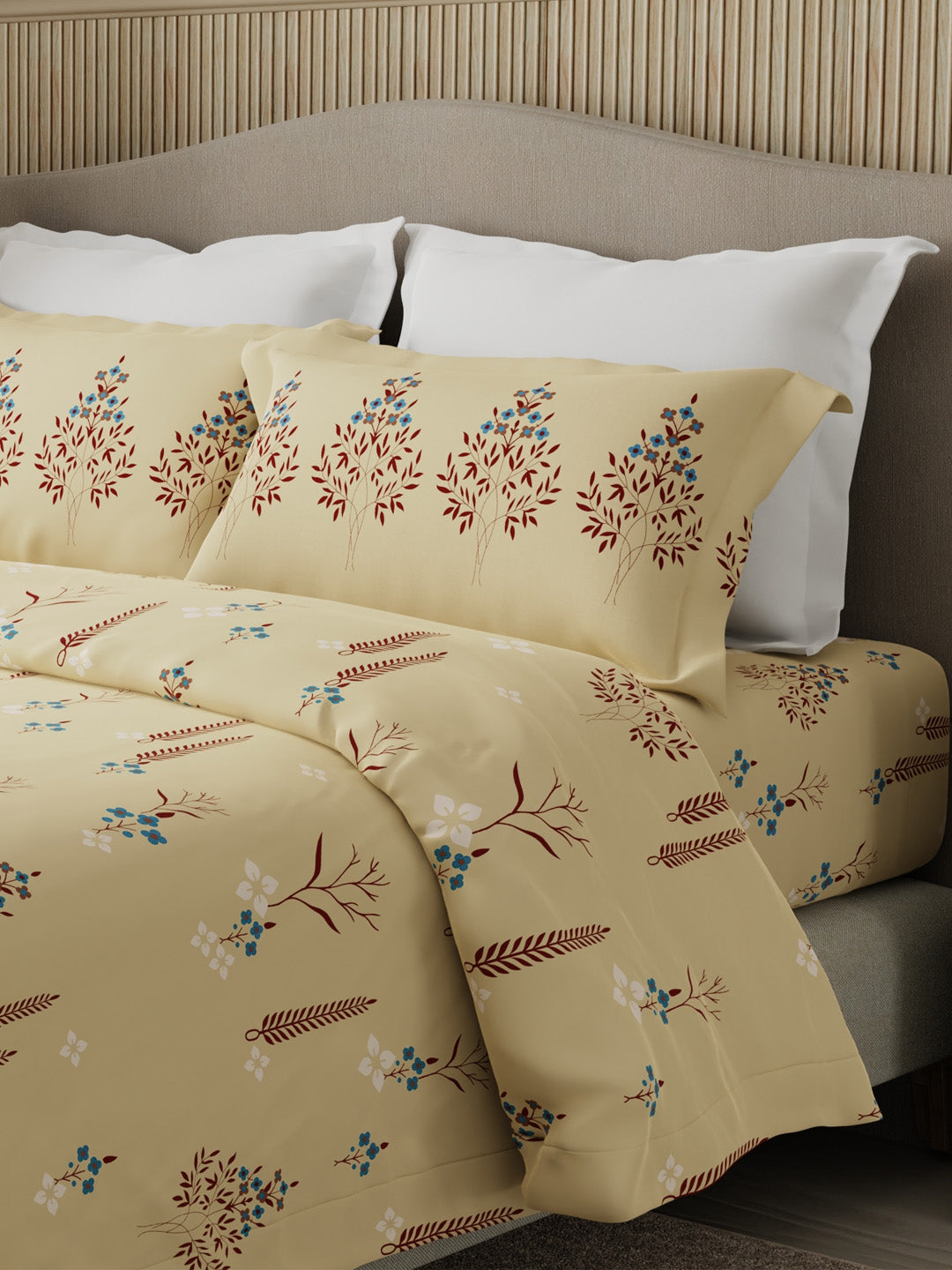 Valatia 100% Cotton 200 TC Karigari Printed Double Bedsheet with 2 Pillow Covers - Yellow