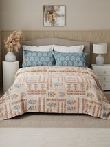 Valatia 100% Cotton 200 TC Karigari Printed Double Bedsheet with 2 Pillow Covers - Brown & Blue