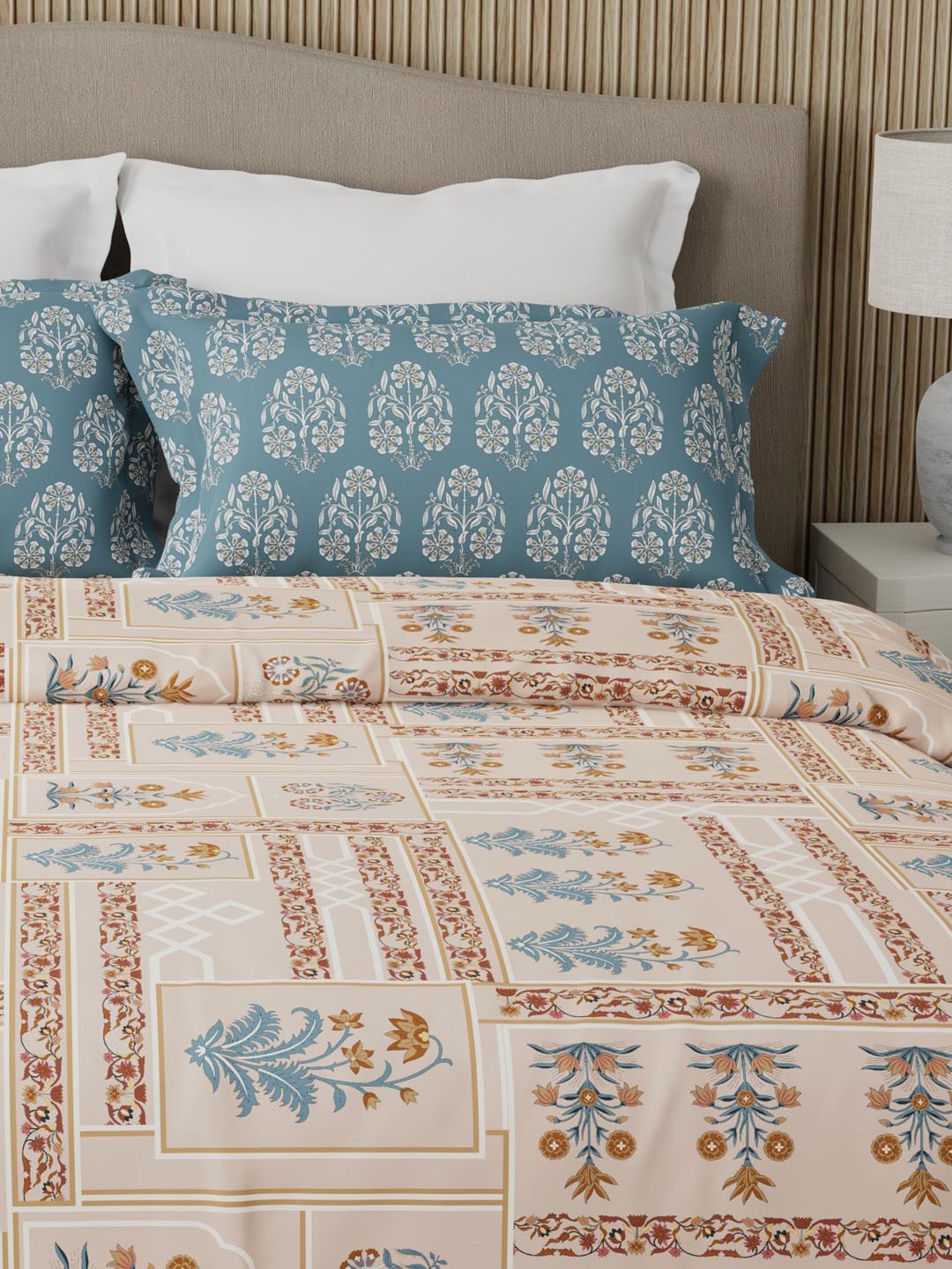 Valatia 100% Cotton 200 TC Karigari Printed Double Bedsheet with 2 Pillow Covers - Brown & Blue
