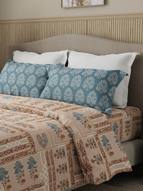 Valatia 100% Cotton 200 TC Karigari Printed Double Bedsheet with 2 Pillow Covers - Brown & Blue