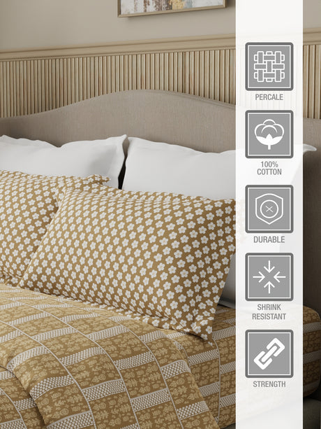 Valatia 100% Cotton 200 TC Karigari Printed Double Bedsheet with 2 Pillow Covers - Beige