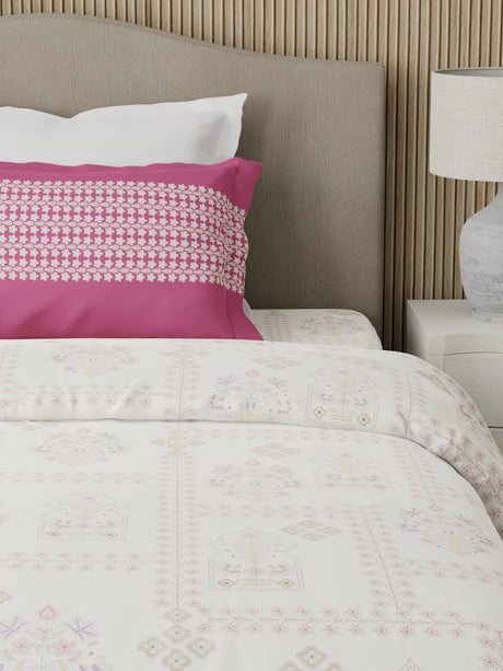 100% Cotton 200 TC Karigari Printed Single Bedsheet with 1 Pillow Cover - Dark Pink & White - Valatia