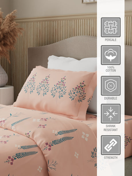 Valatia 100% Cotton 200 TC Karigari Printed Single Bedsheet with 1 Pillow Cover - Peach